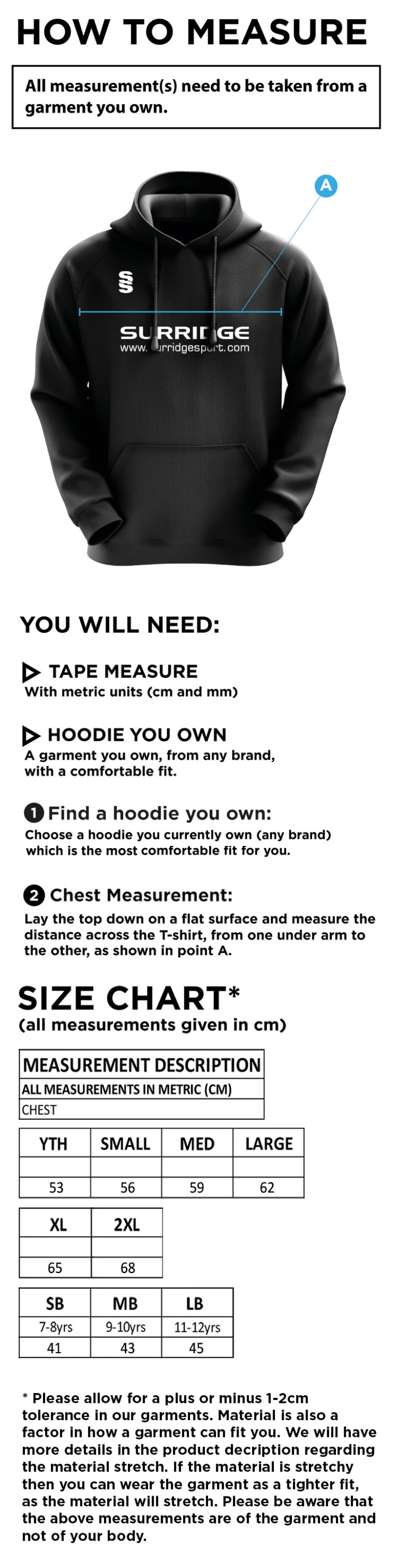 Huncote CC - Blade Hoodie - Size Guide