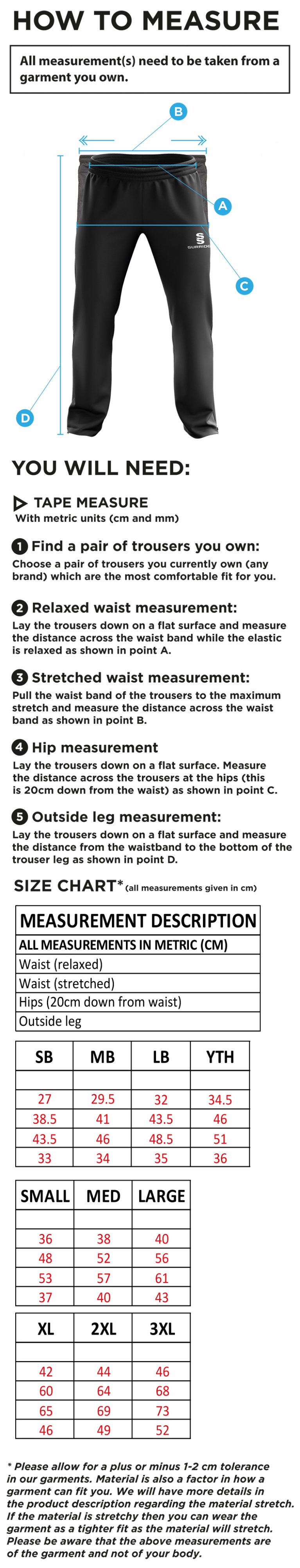 Huncote CC - Tracksuit Pant - Size Guide