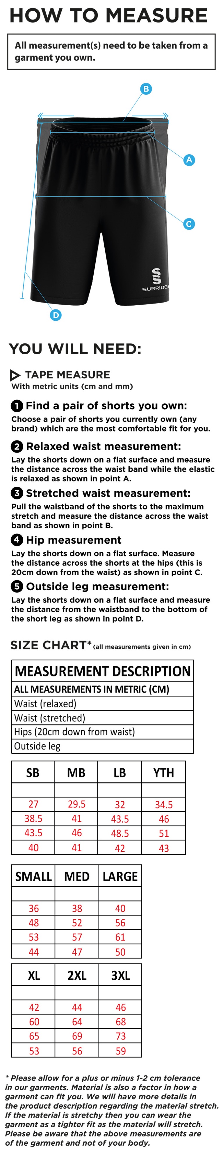 Huncote CC - Blade Training Short - Size Guide