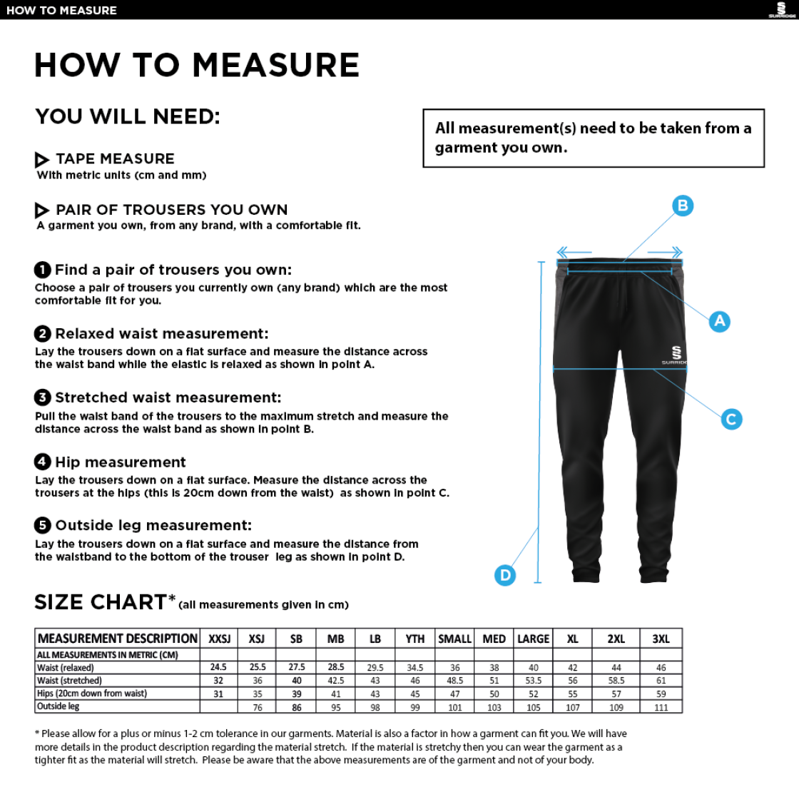 Huncote CC - Slim Training Pant - Size Guide