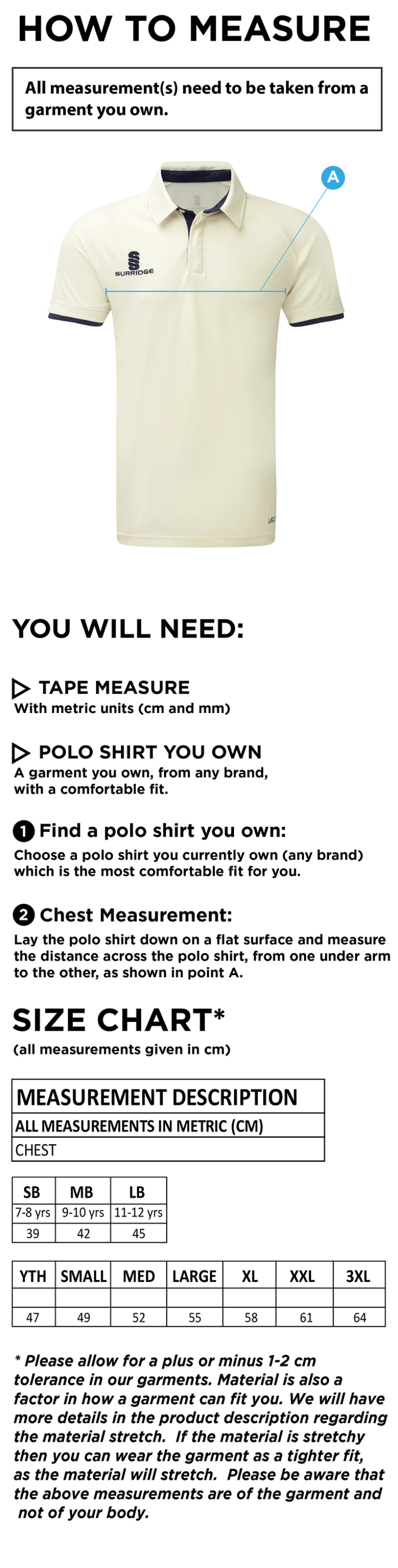 Huncote CC - Ergo S/S Playing Shirt - Size Guide