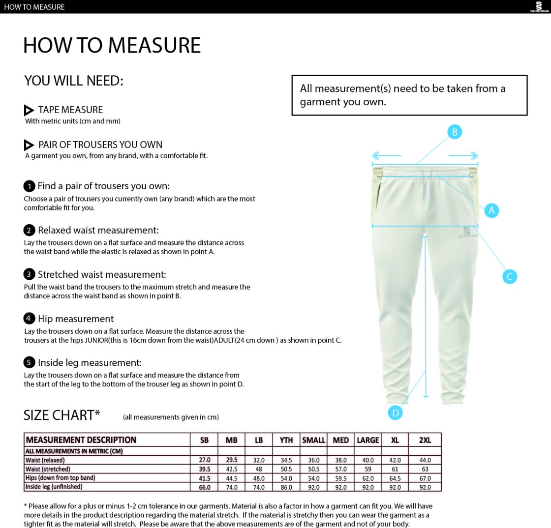 Huncote CC - Coloured Cricket Trousers - Size Guide