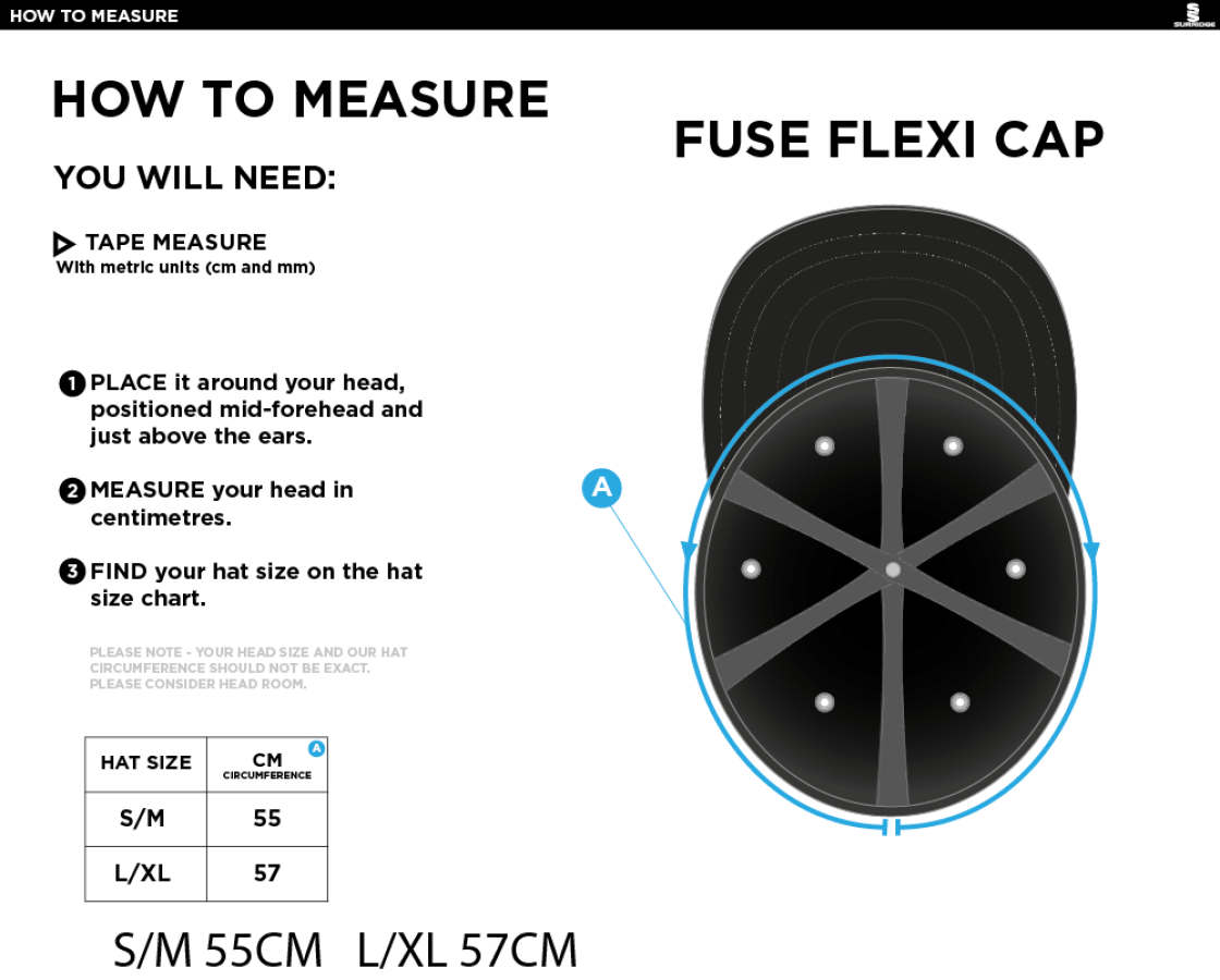 huncote cc Fuse Flexi Cap - Navy - Size Guide