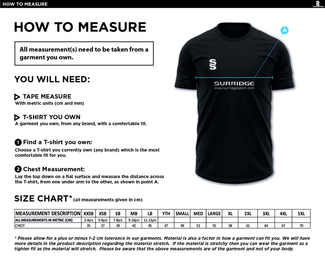 Huncote CC - Blade Training Tee - Size Guide