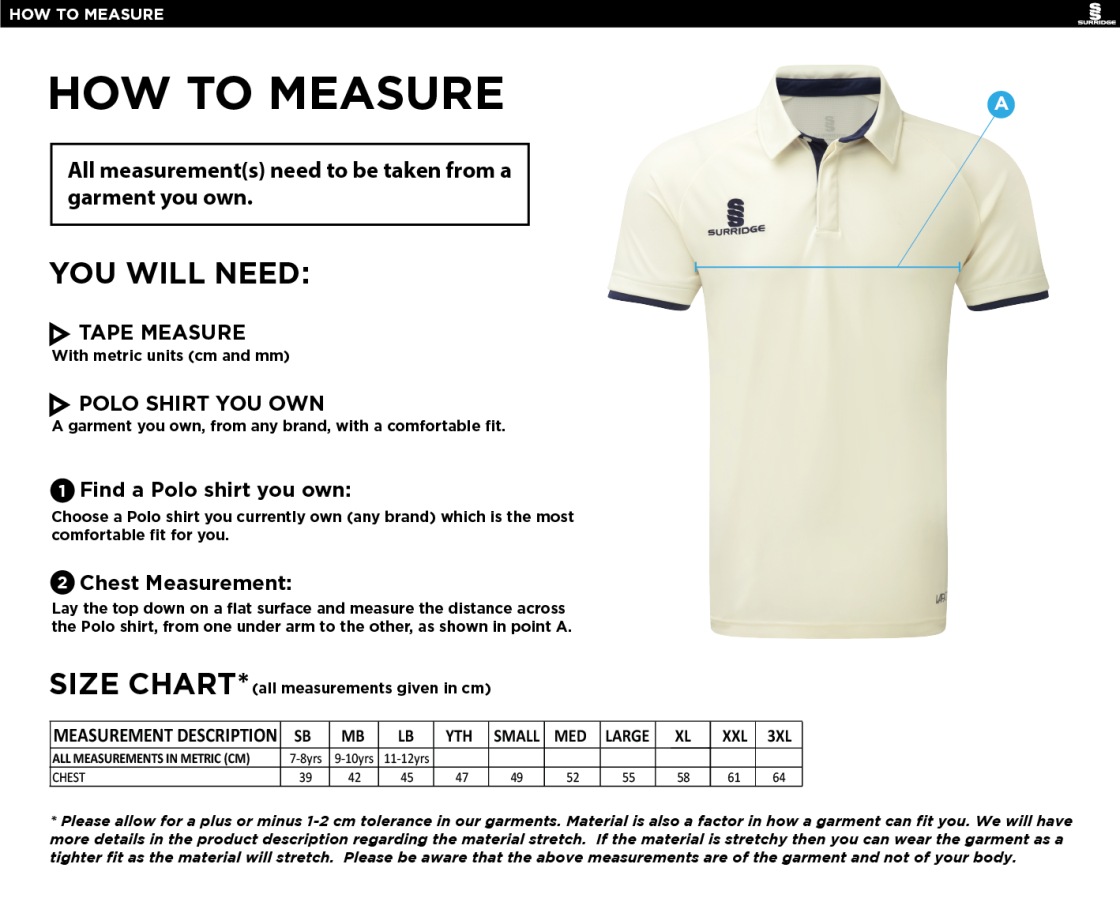 Huncote CC - Ergo S/S Playing Shirt - Size Guide