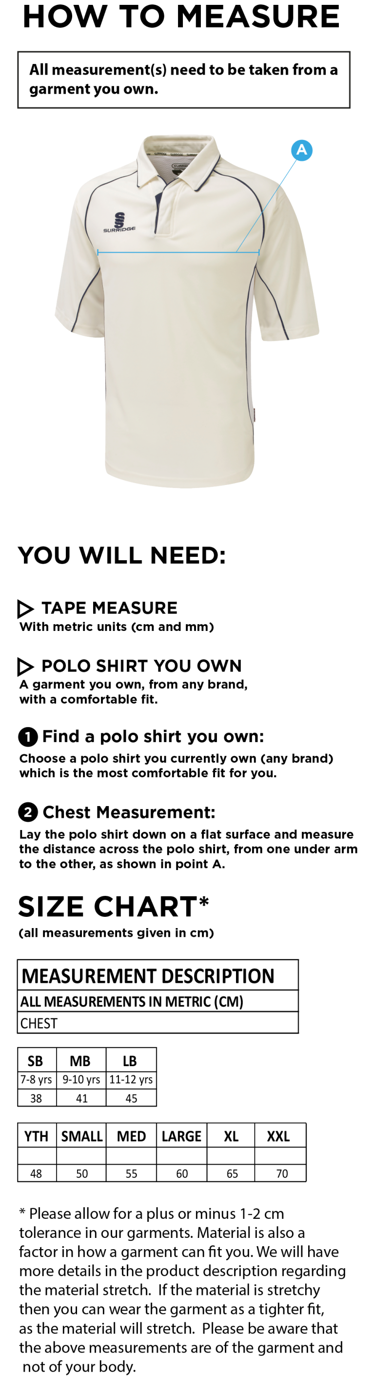 Huncote CC - Premier 3/4 Sleeved Playing Shirt - Size Guide