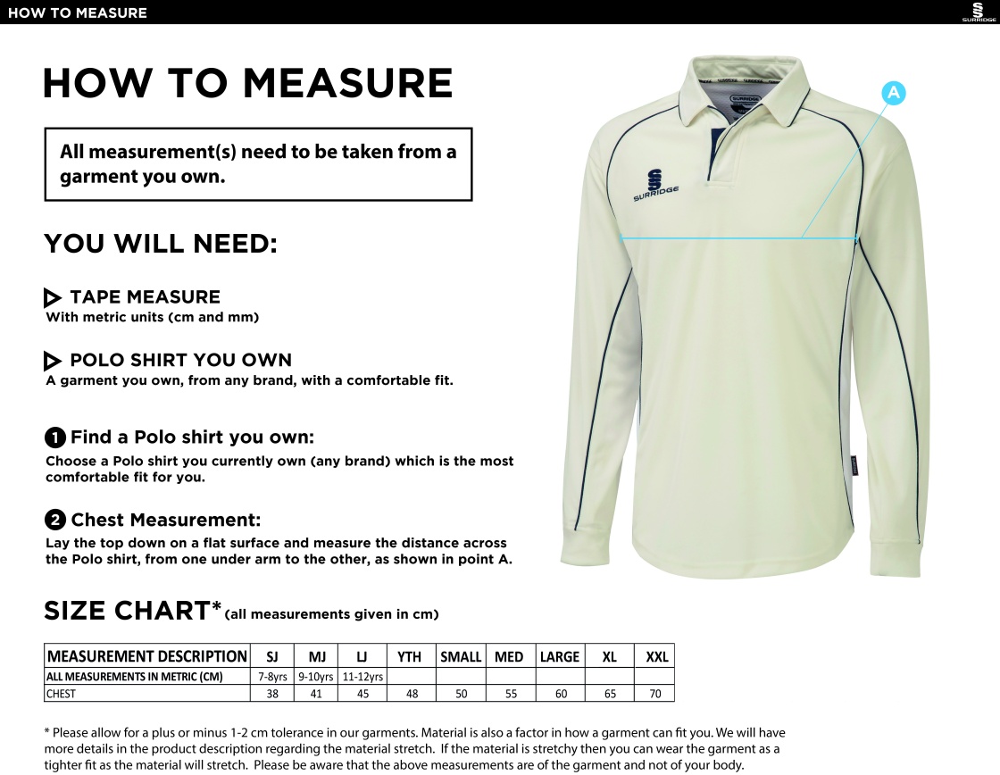 Huncote CC - Premier Long Sleeved Playing Shirt - Size Guide