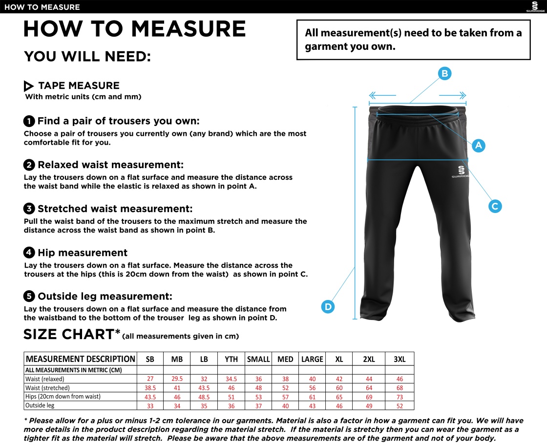 Huncote CC - Tracksuit Pant - Size Guide