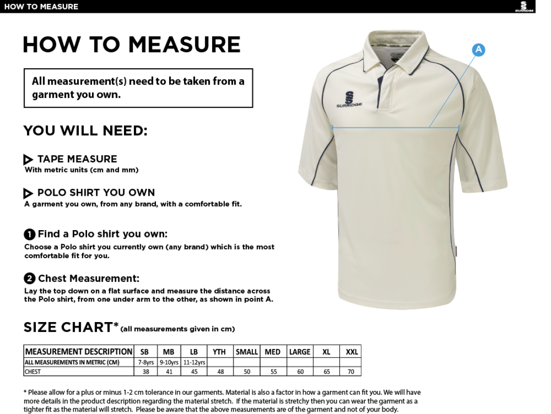 Huncote CC - Premier 3/4 Sleeved Playing Shirt - Size Guide