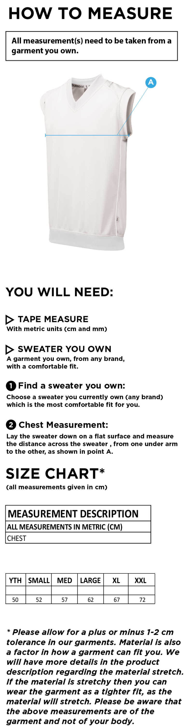 Huncote CC - Sleeveless Sweater - Size Guide