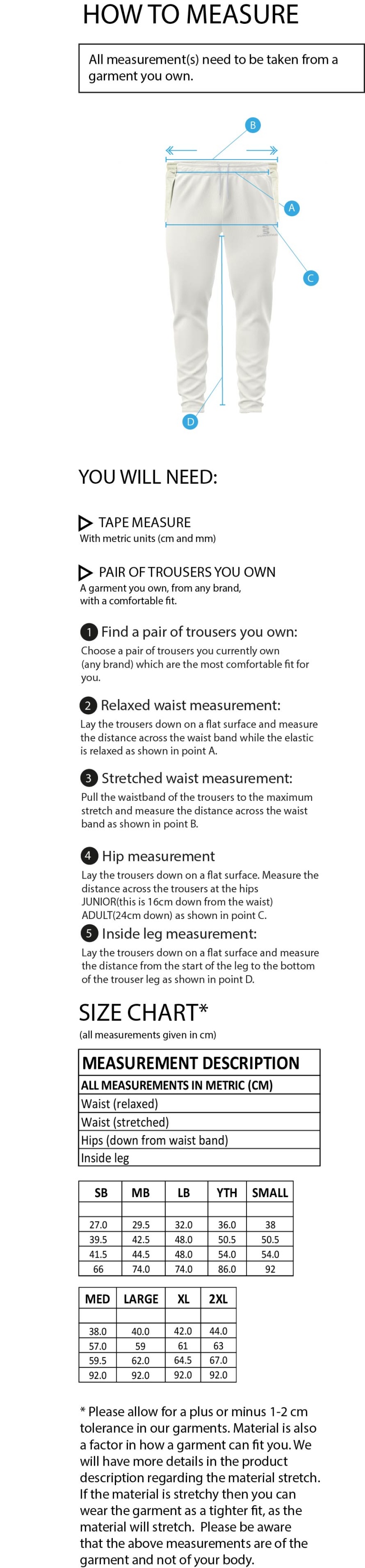 Huncote CC - Playing Cricket Trousers - Size Guide