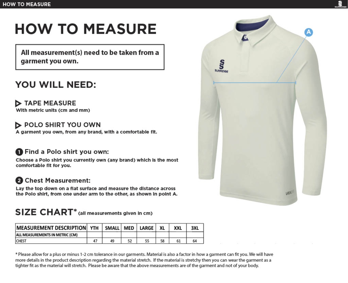 Huncote CC - Ergo Long Sleeved Playing Shirt - Size Guide